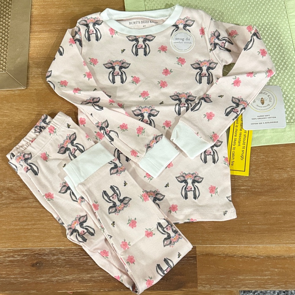 Burt's Bees Baby Pink Floral Cow Snug-Fit Pajama Set - White Cuffs